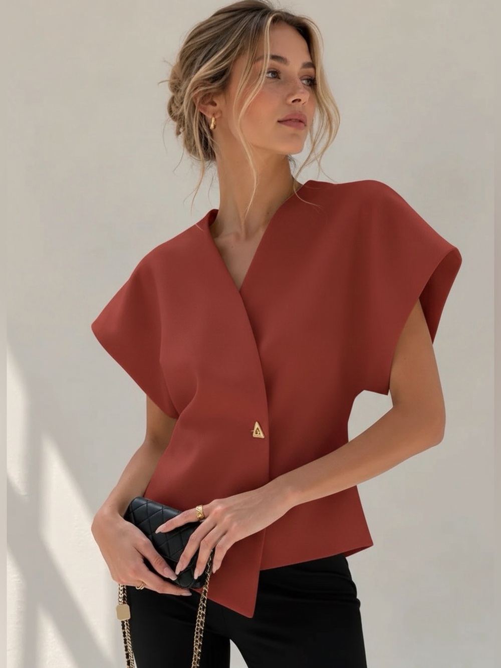 Commense Trendy V-Neck Button Down Blouse